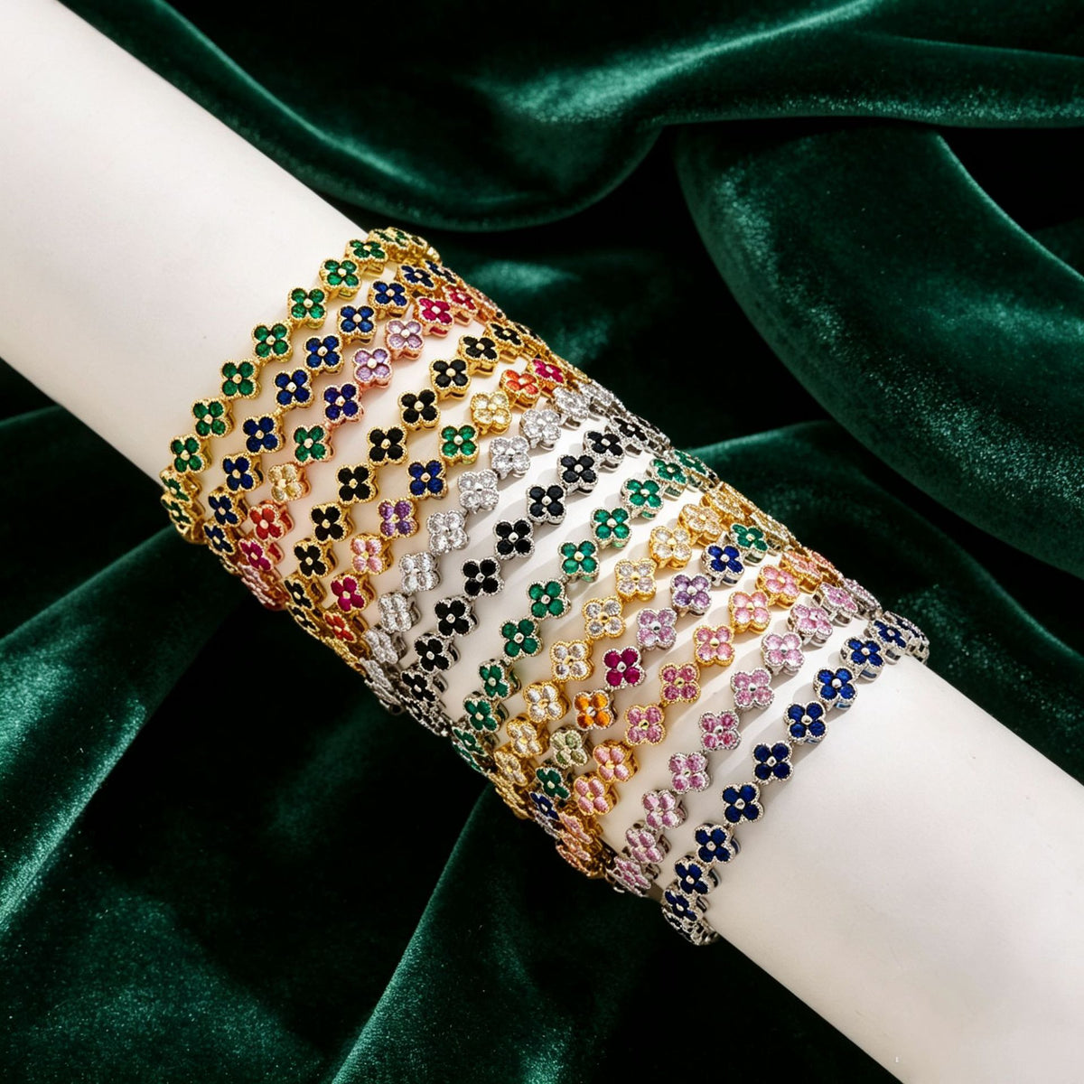 luxury four leaf clover rhinestone charm bracelet with gold plating and iced out multicolored crystal design