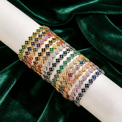 luxury four leaf clover rhinestone charm bracelet with gold plating and iced out multicolored crystal design