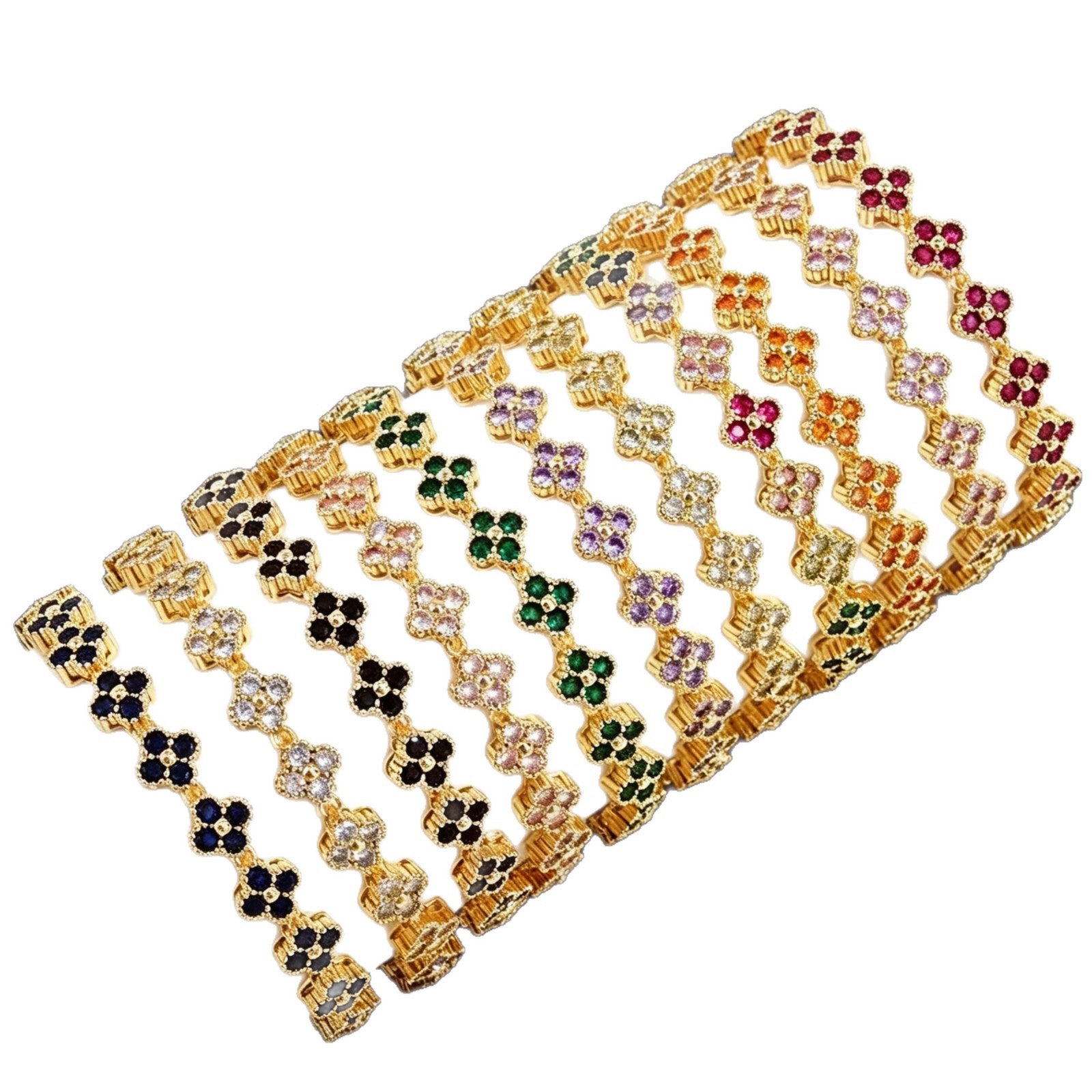luxury four leaf clover rhinestone charm bracelets in multiple color options on a clean white background