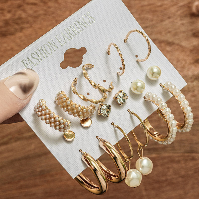 luxury gold chunky hoop earrings set with vintage pearl crystal huggie earrings