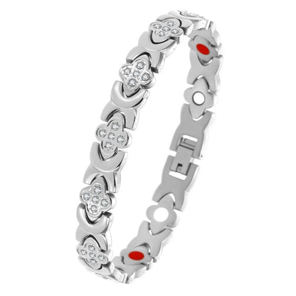 premium titanium steel magnetic therapy bracelet in classic silver color showcasing brilliant crystal details and colorful internal elements