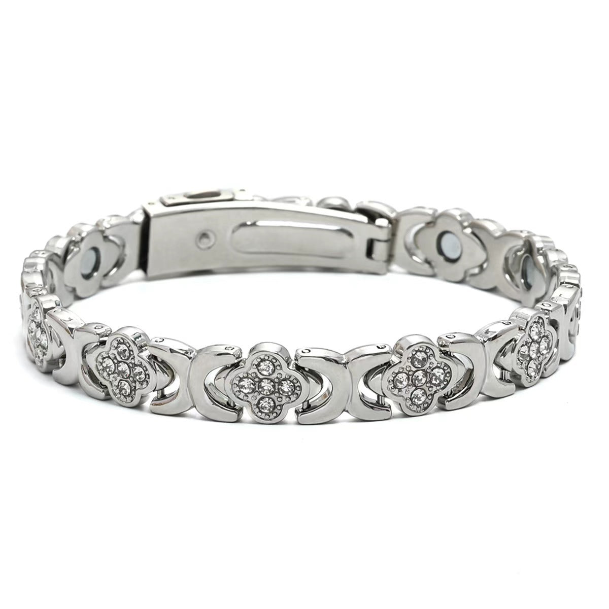 premium titanium steel magnetic therapy bracelet variant in classic silver with fine crystal detailing and secure fold over clasp