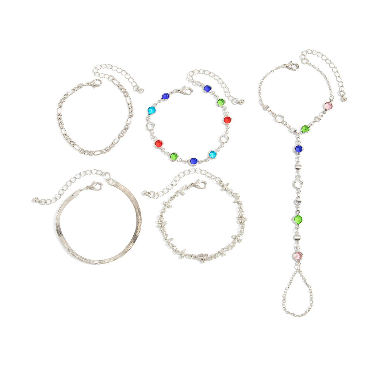 silver finger ring bracelet with bohemian multi layer crystal chains and loose bracelet pieces on a white background