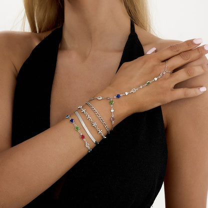 elegant silver finger ring bracelet with delicate multi layer chains and colorful crystals