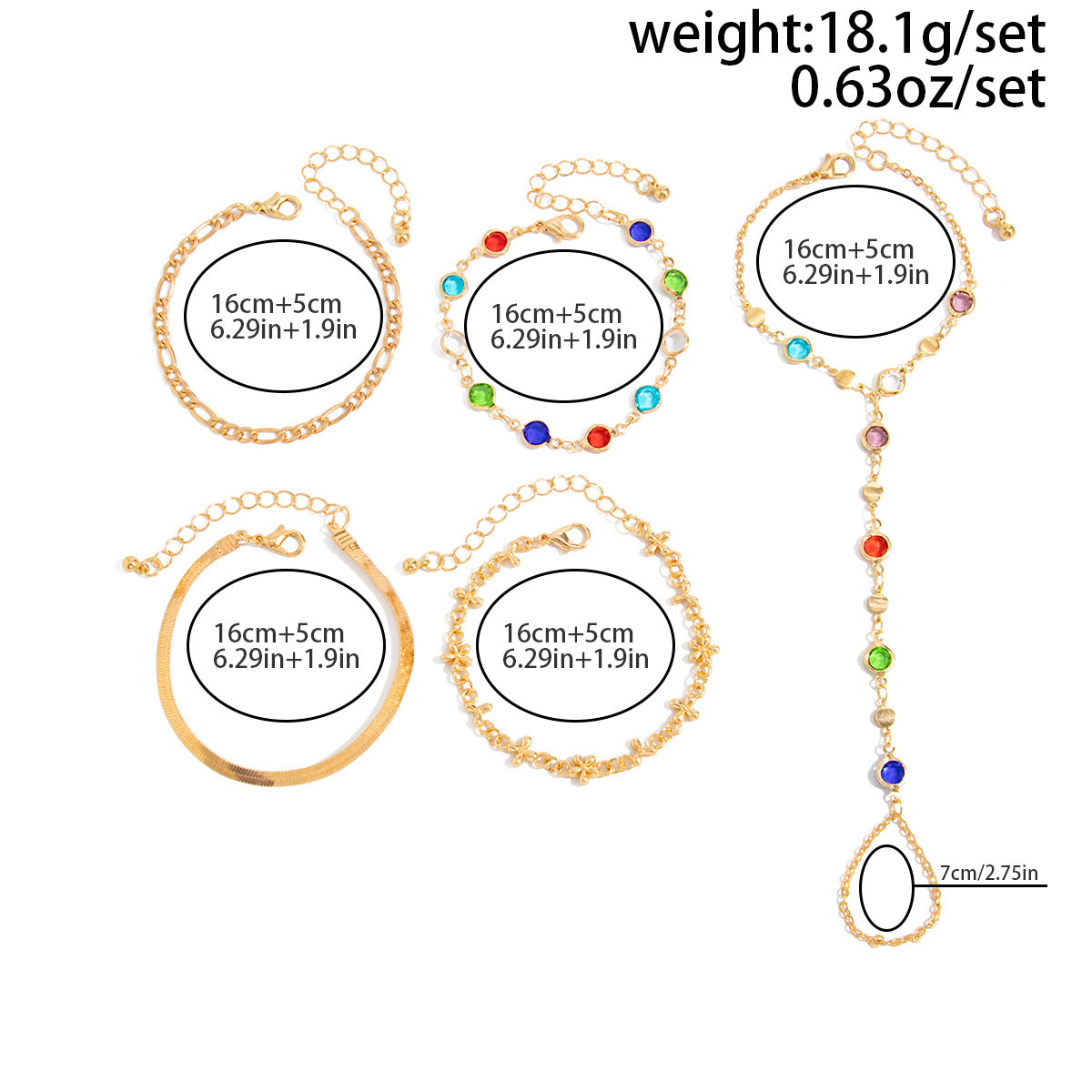 size and weight specification chart for the gold finger ring bracelet with bohemian multi layer crystal chains