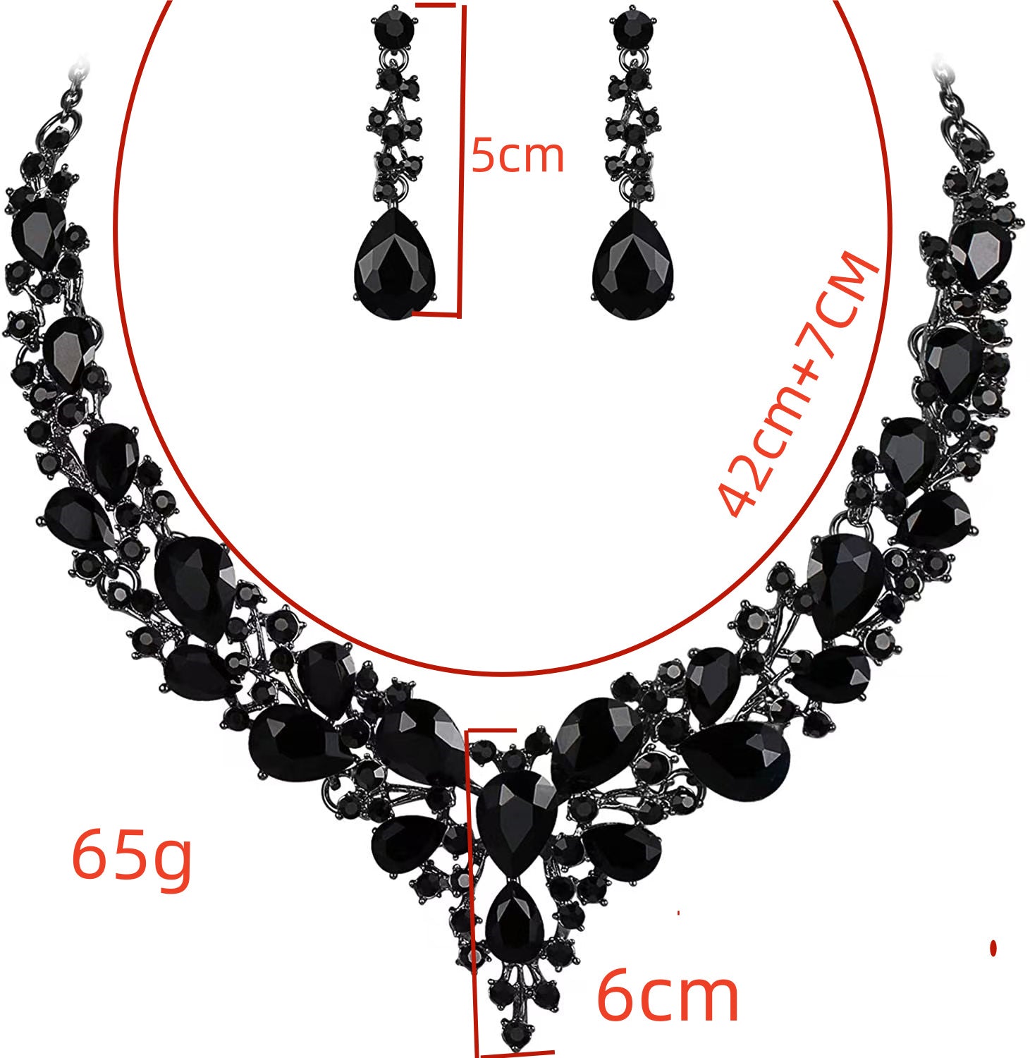 size and weight specifications for the elegant waterdrop crystal bridal jewelry set in sleek black