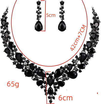 size and weight specifications for the elegant waterdrop crystal bridal jewelry set in sleek black