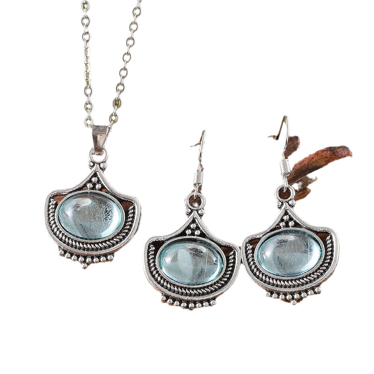 vintage palace style blue gemstone jewelry set with antique silver necklace and earrings