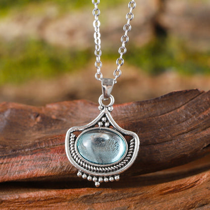 vintage palace style blue gemstone jewelry set with antique silver necklace and earrings